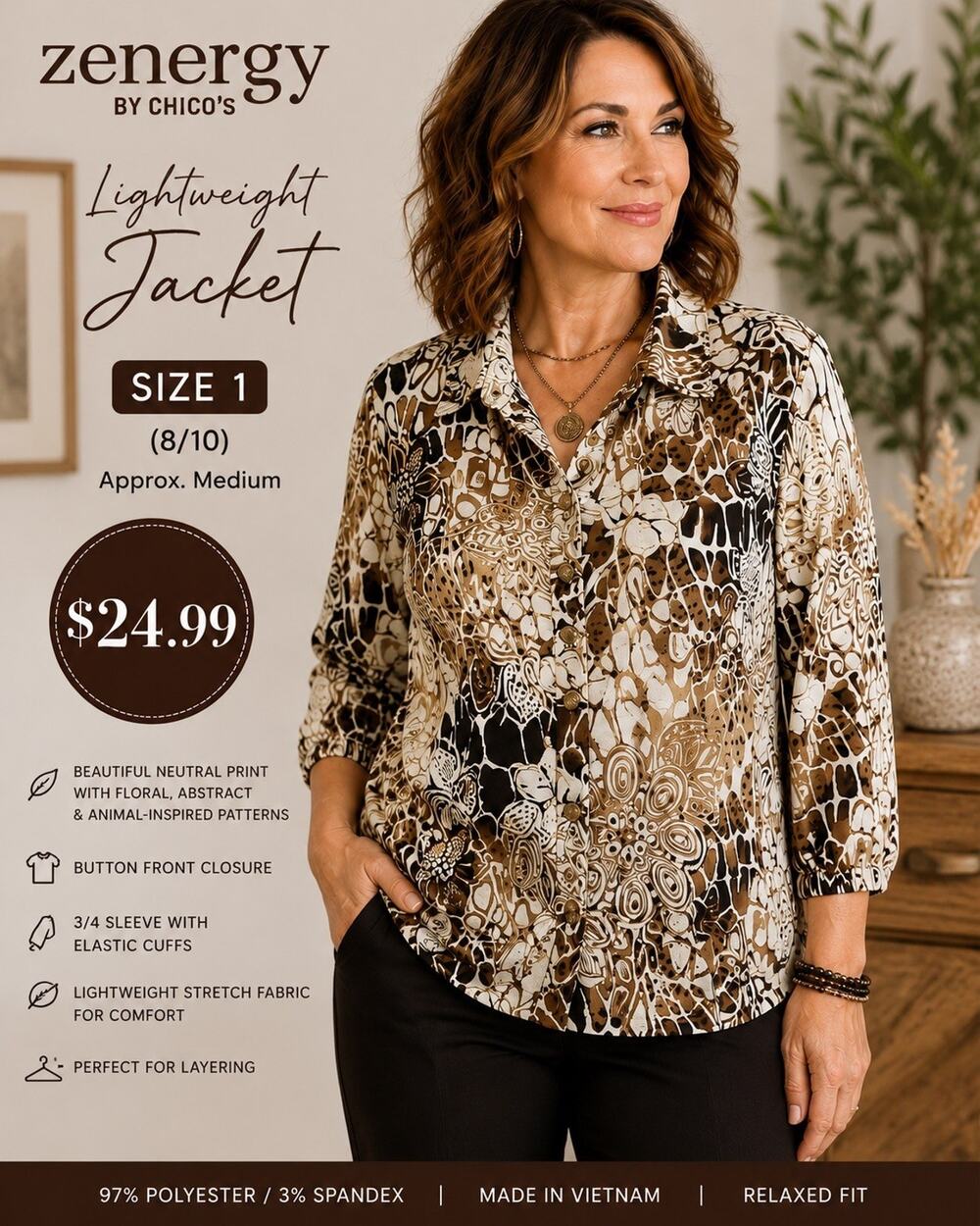 Zenergy Chico’s SZ 1(M)Lightweight Jacket /Top Animal Floral Print Button Front